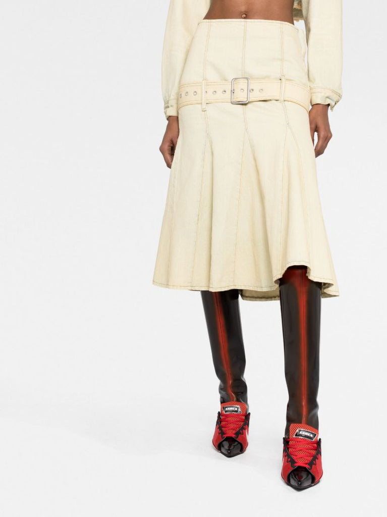 Neutral Belted Pleated Denim Skirt