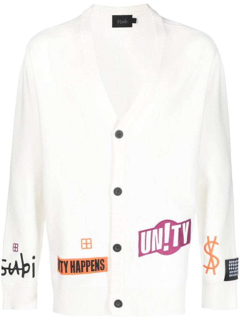 White Patch Embroidered Knit Cardigan