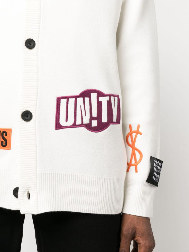 White Patch Embroidered Knit Cardigan