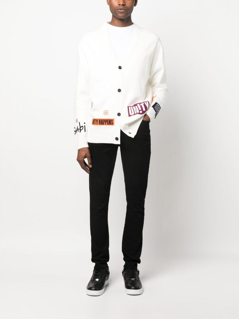 White Patch Embroidered Knit Cardigan