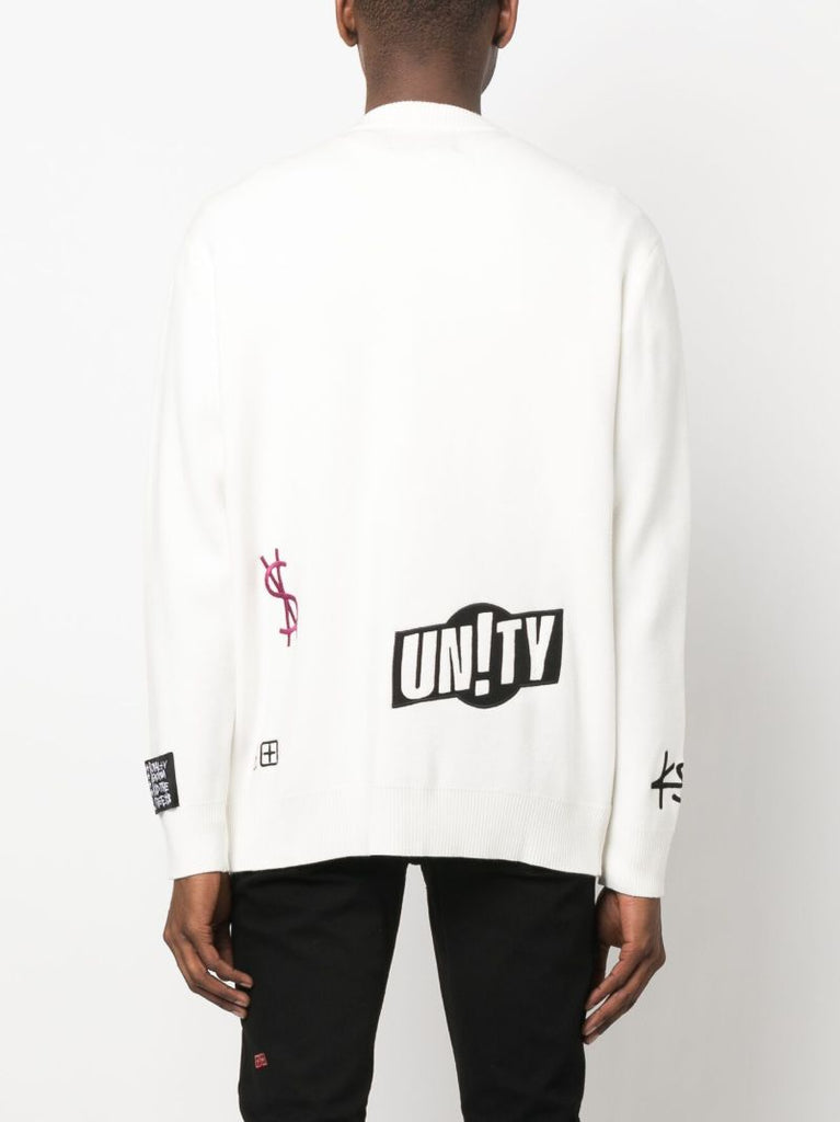 White Patch Embroidered Knit Cardigan
