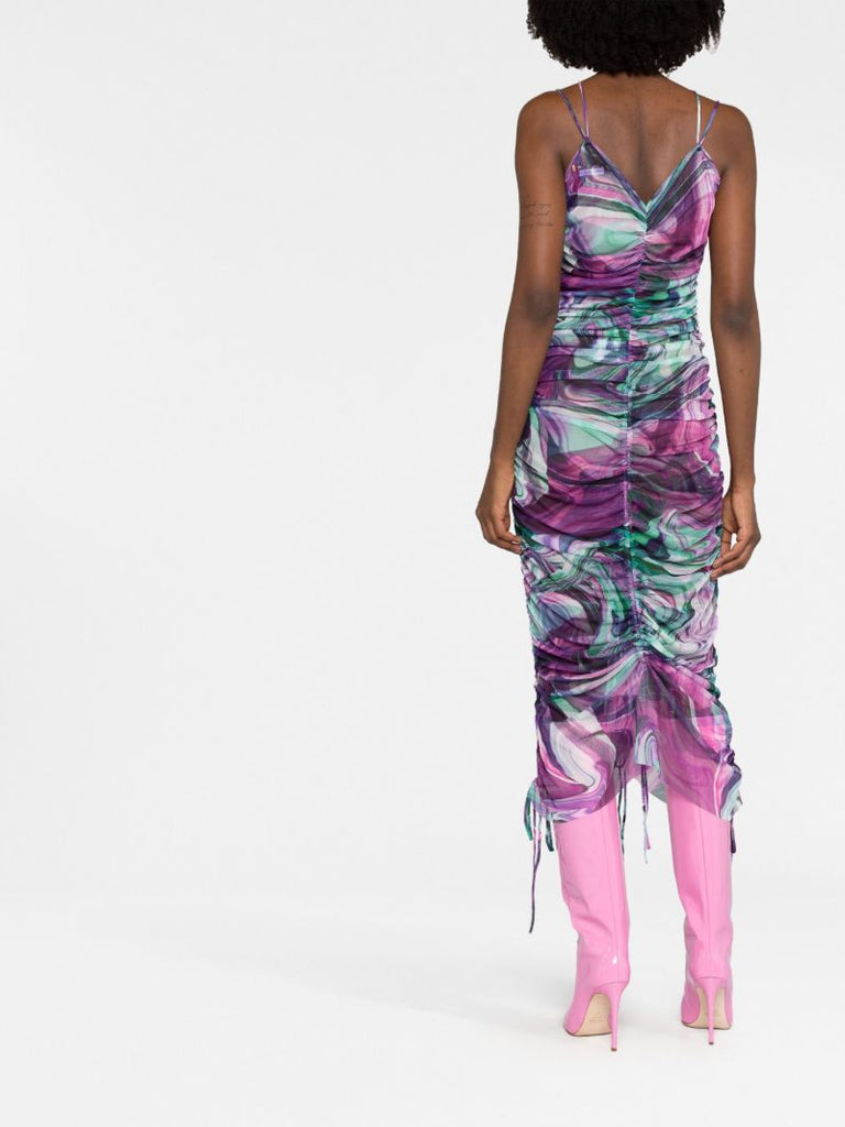 Purple Abstract Print Ruched Midi Dress