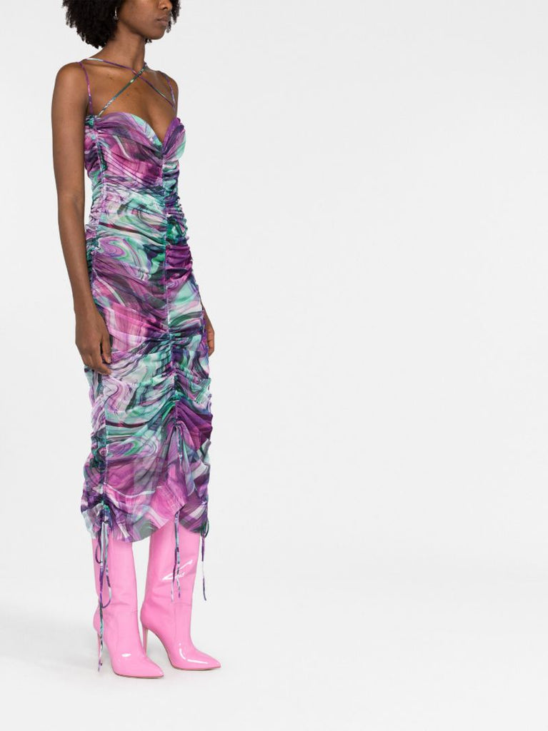 Purple Abstract Print Ruched Midi Dress