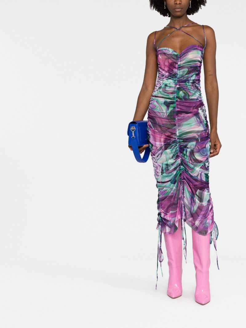 Purple Abstract Print Ruched Midi Dress