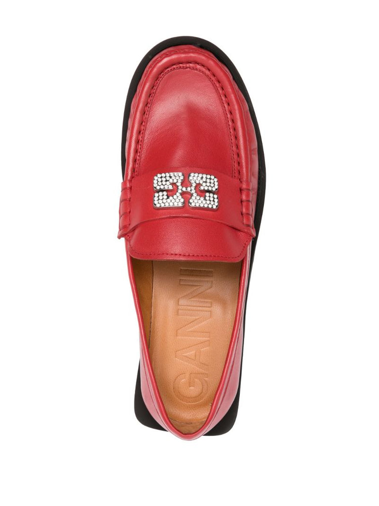 Red Crystal Logo Leather Loafers