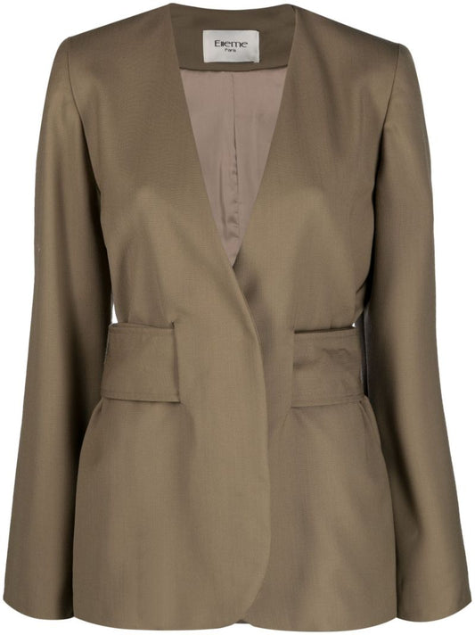 Green Collarless Belted Blazer