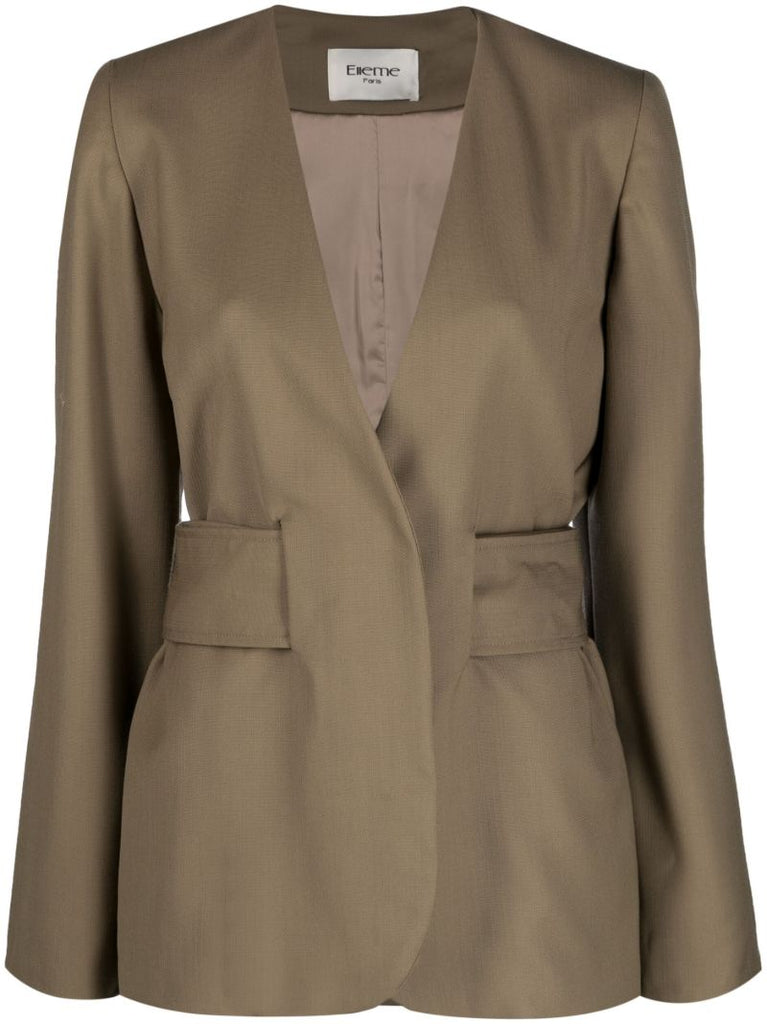 Green Collarless Belted Blazer