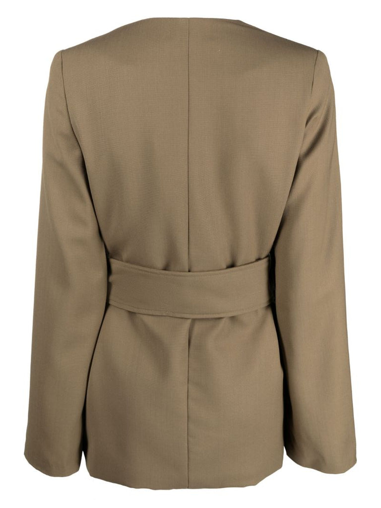 Green Collarless Belted Blazer