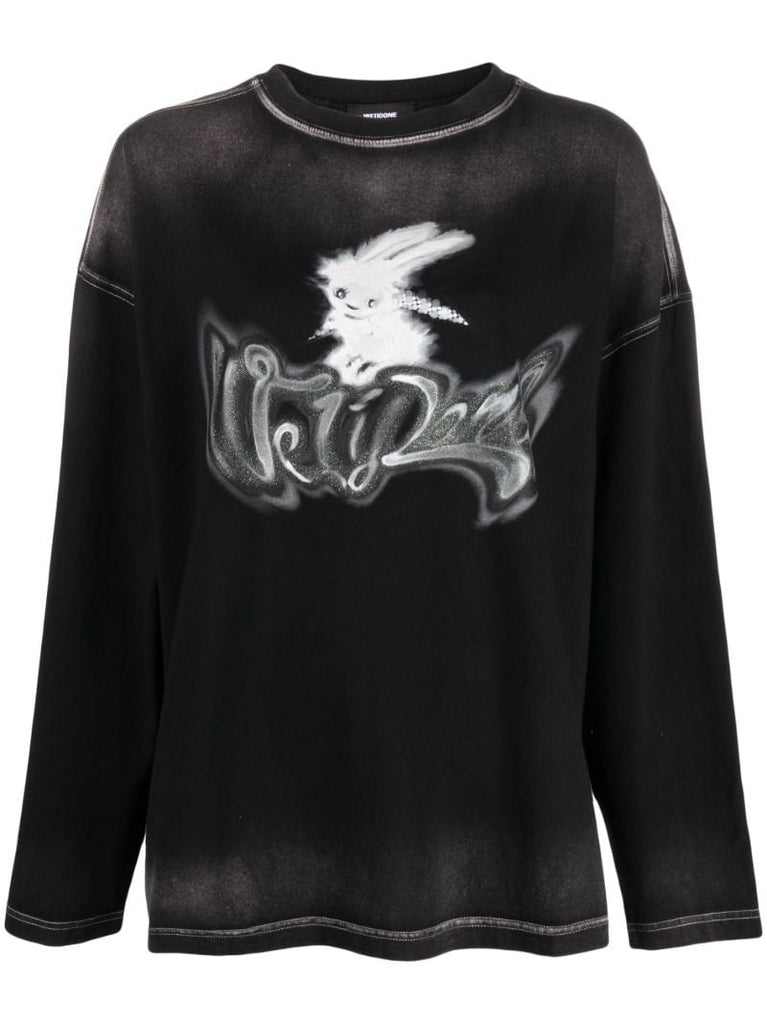 Black Monster Print Washed Cotton T-shirt