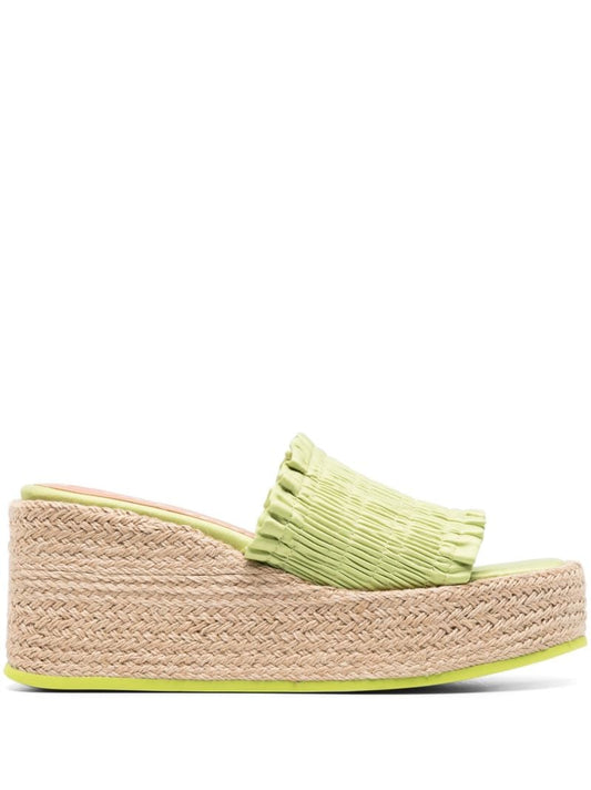 Green Smocked Espadrille Wedge Sandals