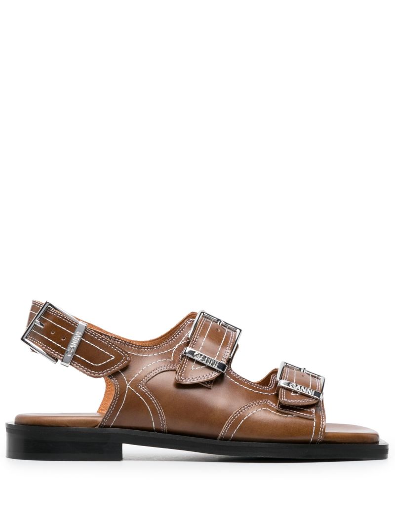 Brown Topstitched Leather Slingback Sandals