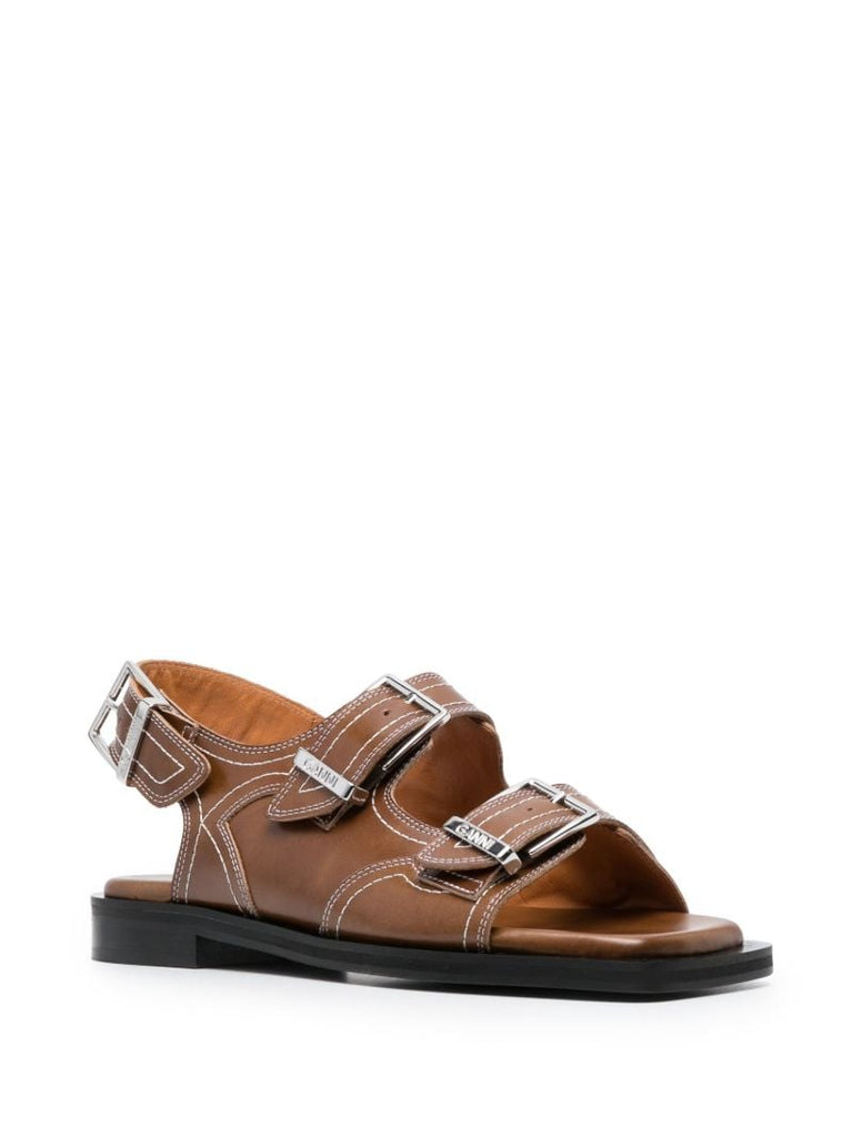 Brown Topstitched Leather Slingback Sandals
