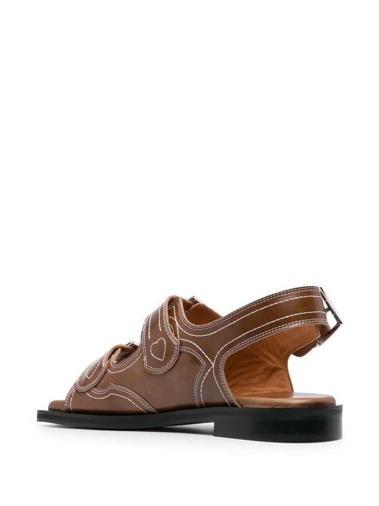 Brown Topstitched Leather Slingback Sandals