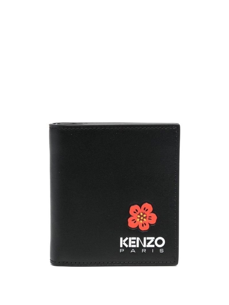 Black Logo Print Bi-fold Leather Wallet
