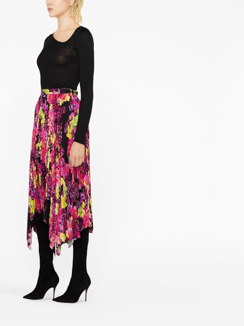 Black Logo Orchid Print Pleated Midi Skirt