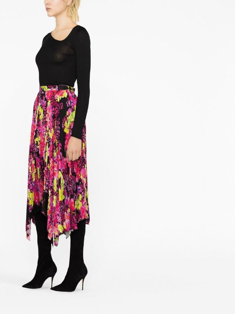 Black Logo Orchid Print Pleated Midi Skirt