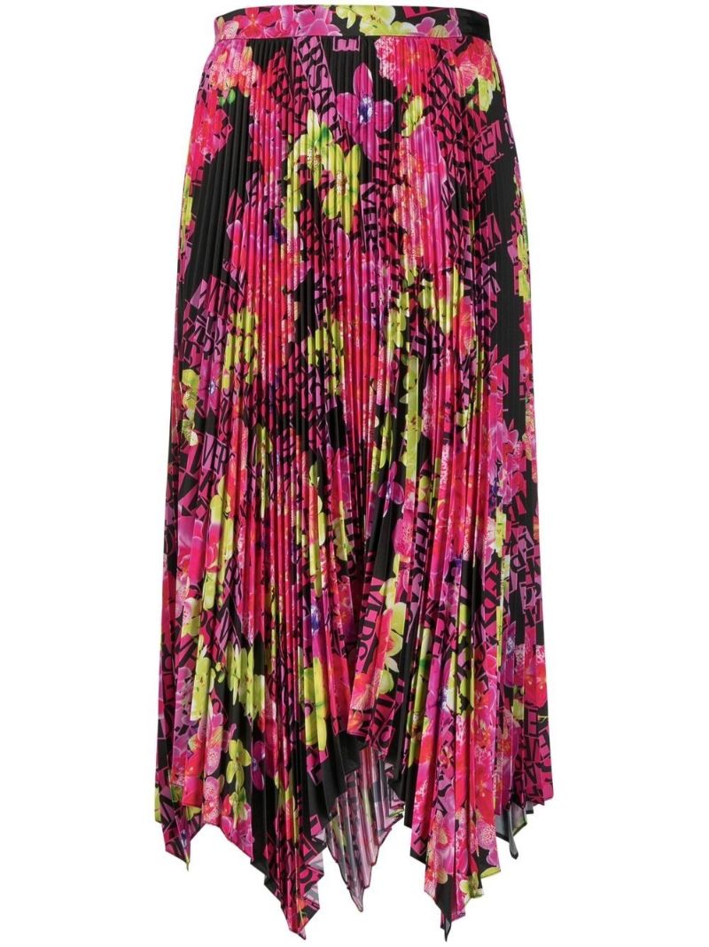 Black Logo Orchid Print Pleated Midi Skirt