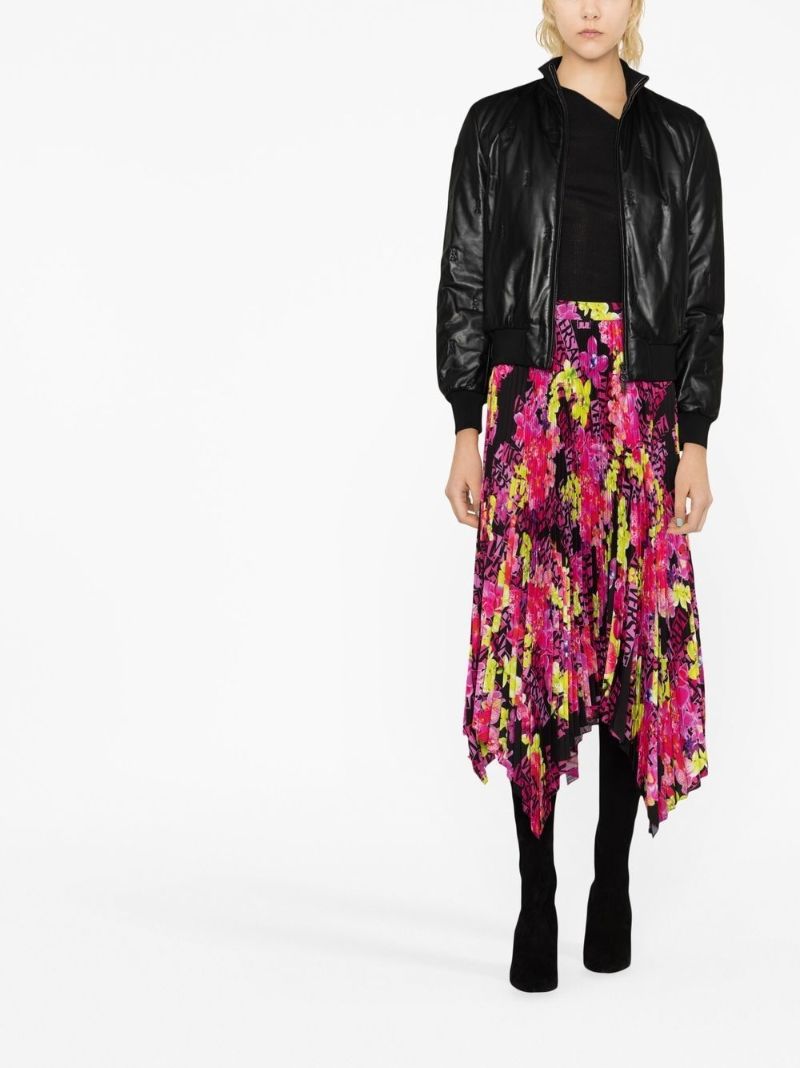 Black Logo Orchid Print Pleated Midi Skirt