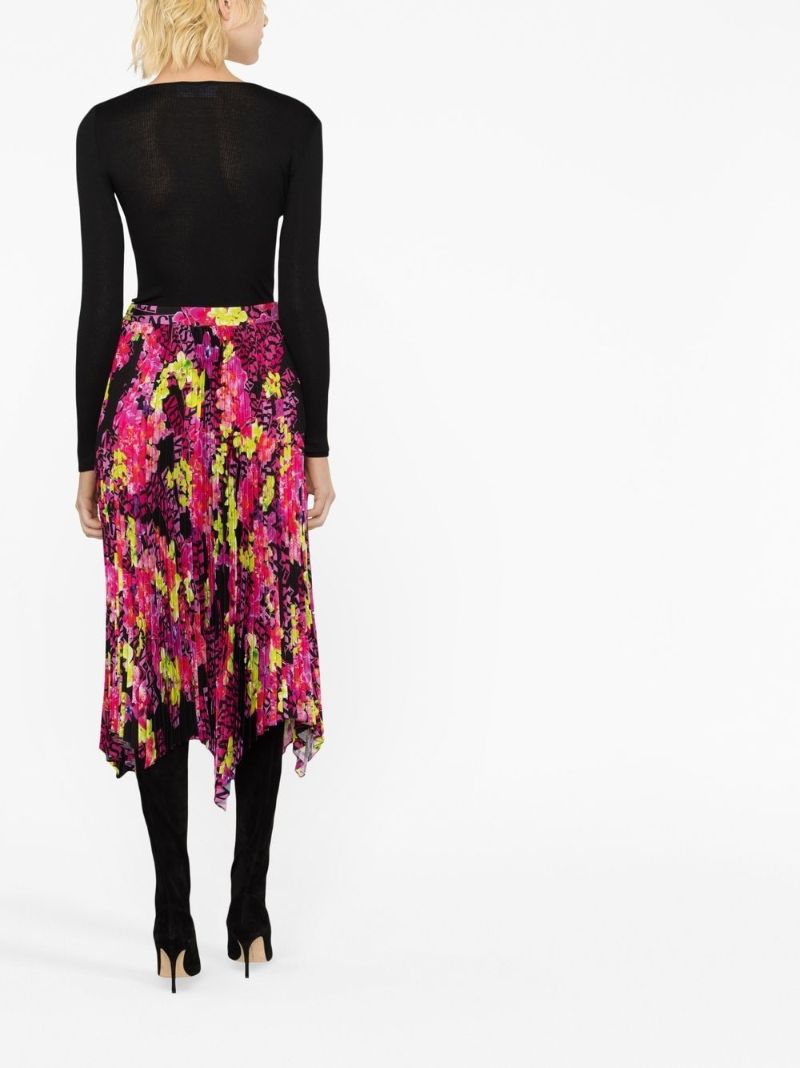 Black Logo Orchid Print Pleated Midi Skirt