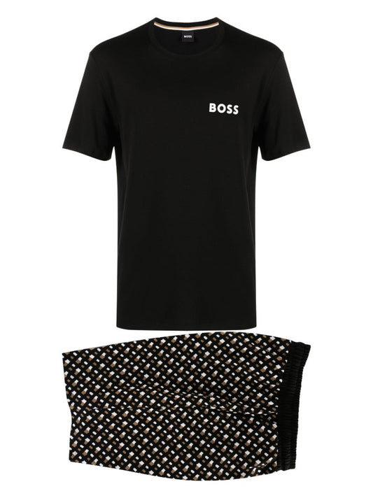 Black Monogram Printed Cotton Pyjamas