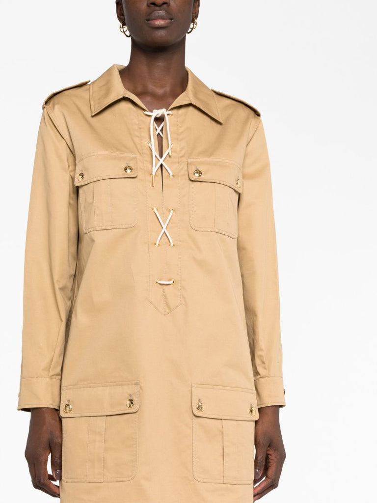 Neutral Saharienne Cotton Mini Dress