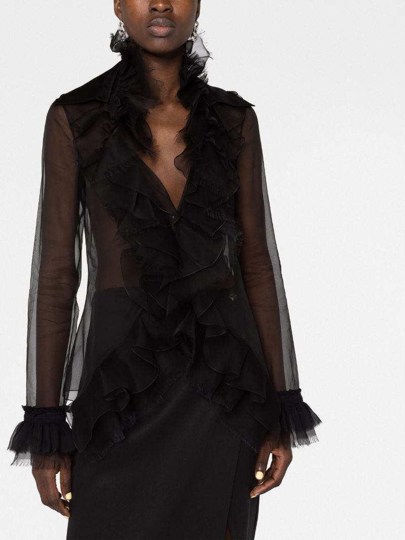 Black Ruffled Long-sleeve Silk Blouse