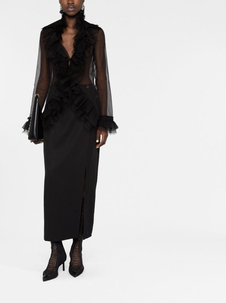 Black Ruffled Long-sleeve Silk Blouse