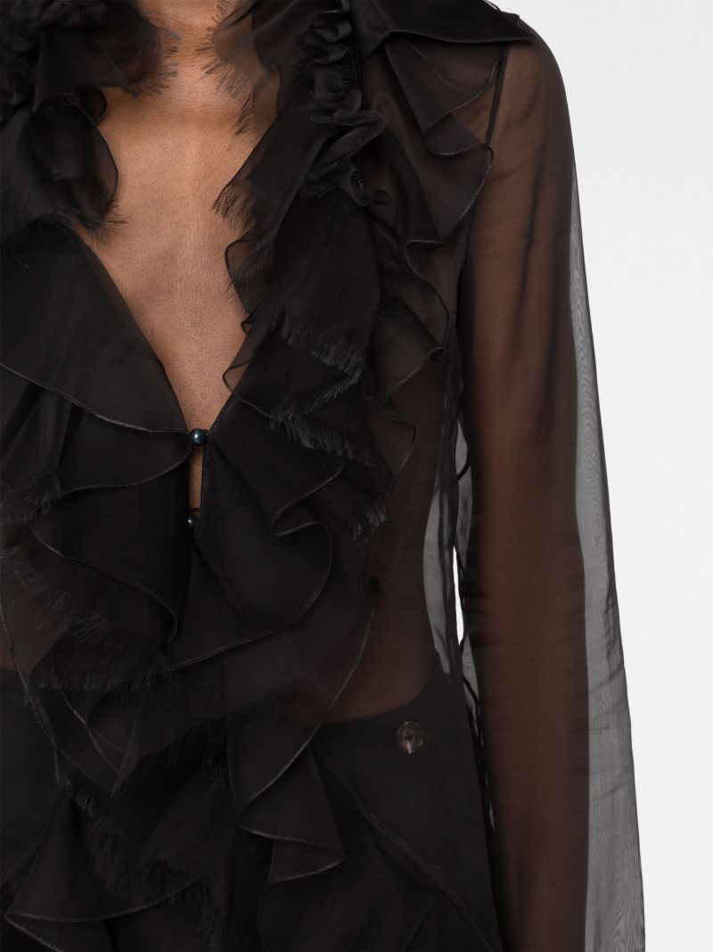 Black Ruffled Long-sleeve Silk Blouse