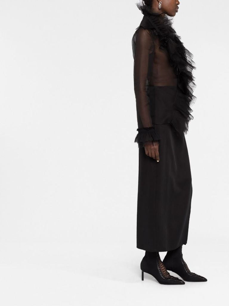 Black Ruffled Long-sleeve Silk Blouse