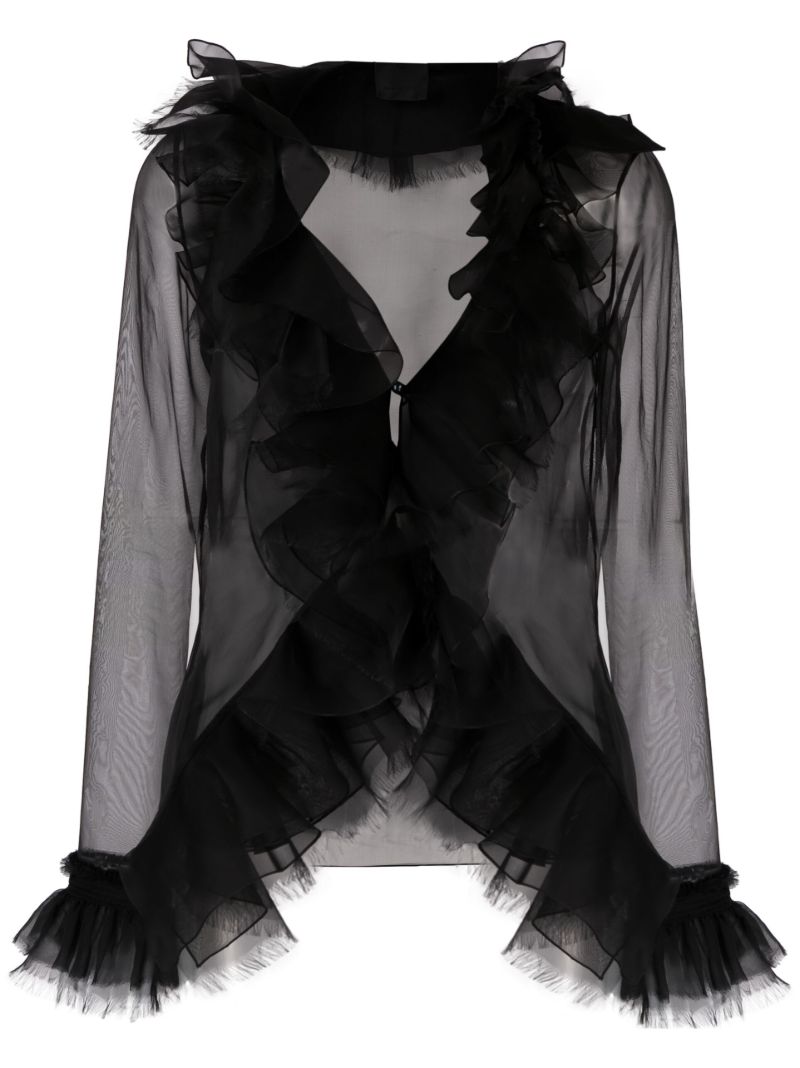 Black Ruffled Long-sleeve Silk Blouse