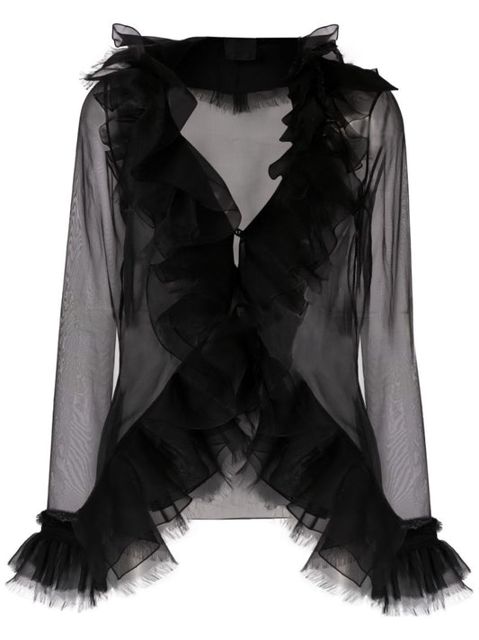 Black Ruffled Long-sleeve Silk Blouse