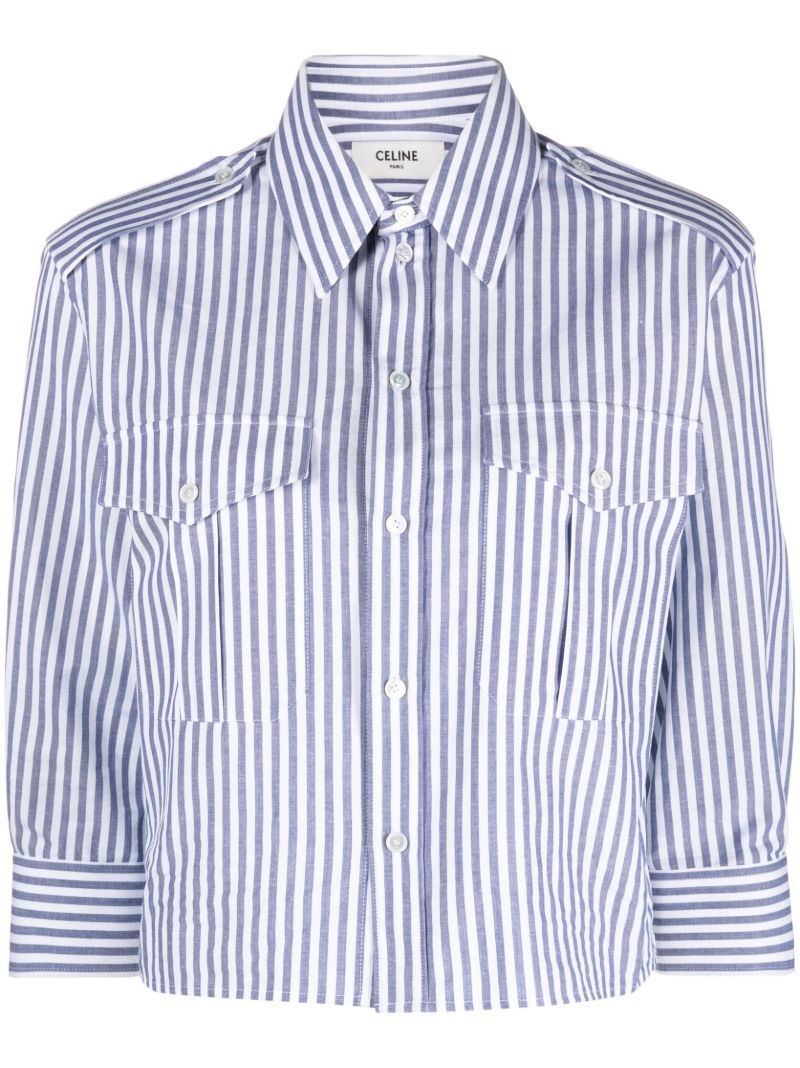 White and Blue Reporter Button-up Cropped Shirt