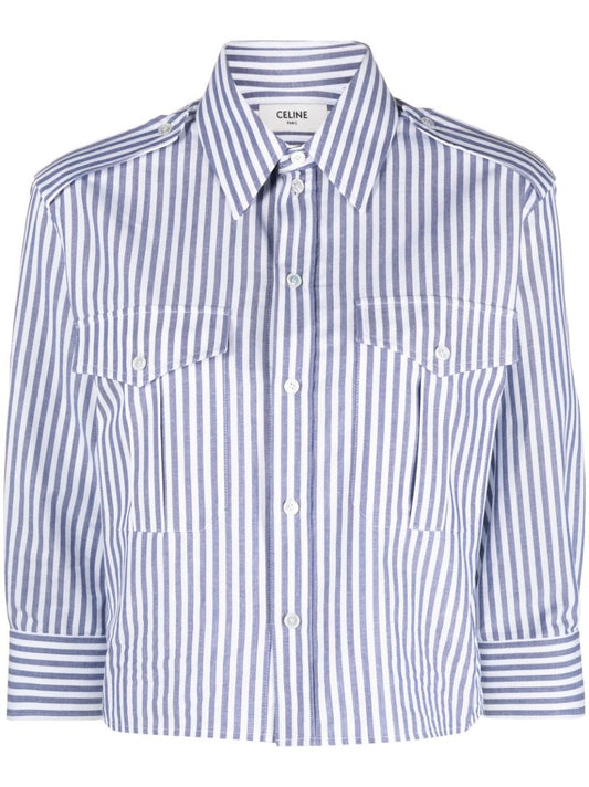 White and Blue Reporter Button-up Cropped Shirt