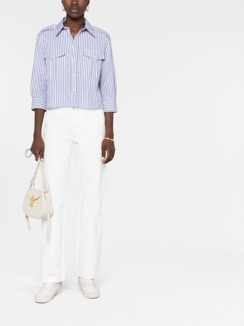 White and Blue Reporter Button-up Cropped Shirt