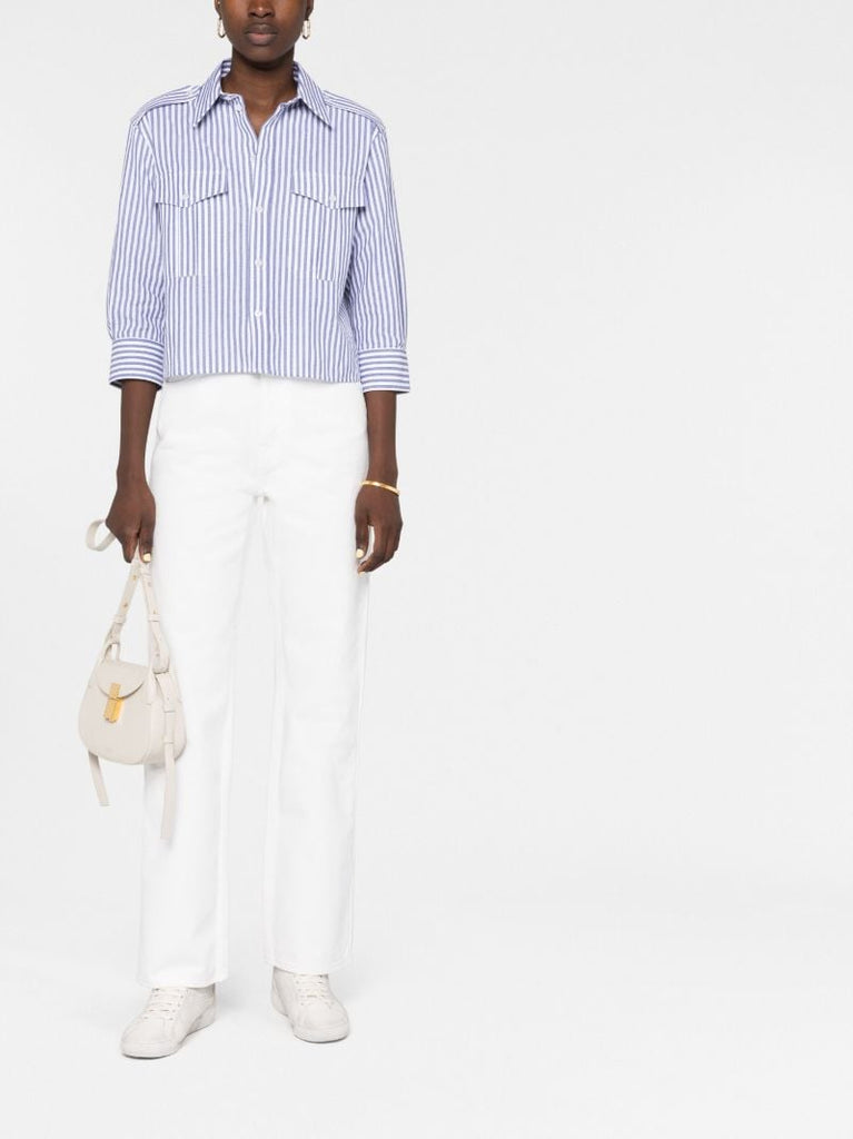 White and Blue Reporter Button-up Cropped Shirt