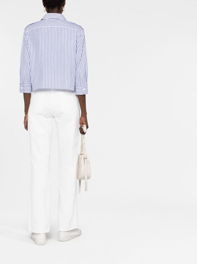 White and Blue Reporter Button-up Cropped Shirt
