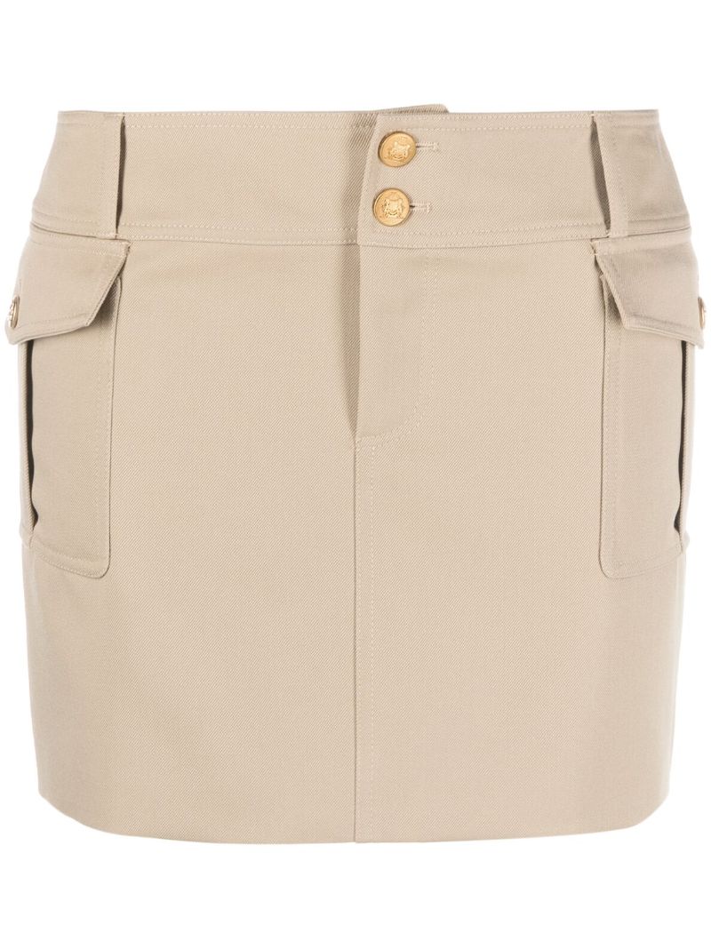 Beige Military Trapeze Wool Miniskirt