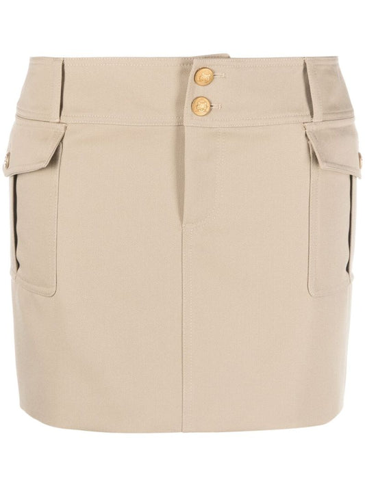 Beige Military Trapeze Wool Miniskirt