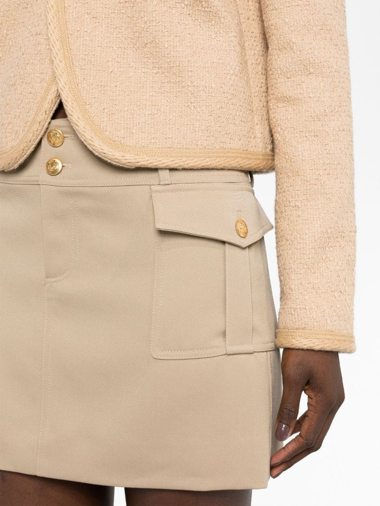 Beige Military Trapeze Wool Miniskirt