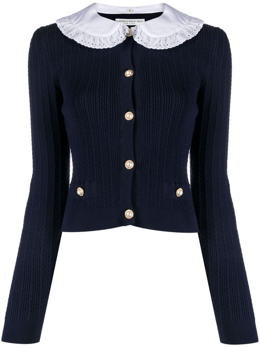 Blue Detachable Collar Knit Cardigan