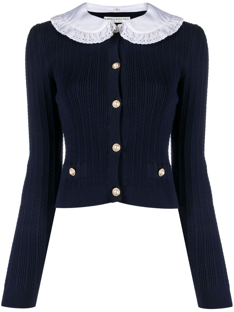 Blue Detachable Collar Knit Cardigan