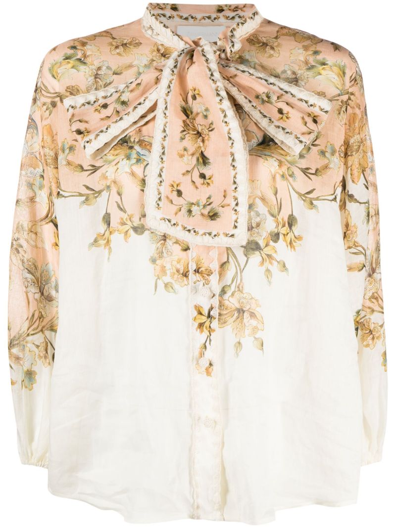 Neutral Chintz Tie Neck Blouse