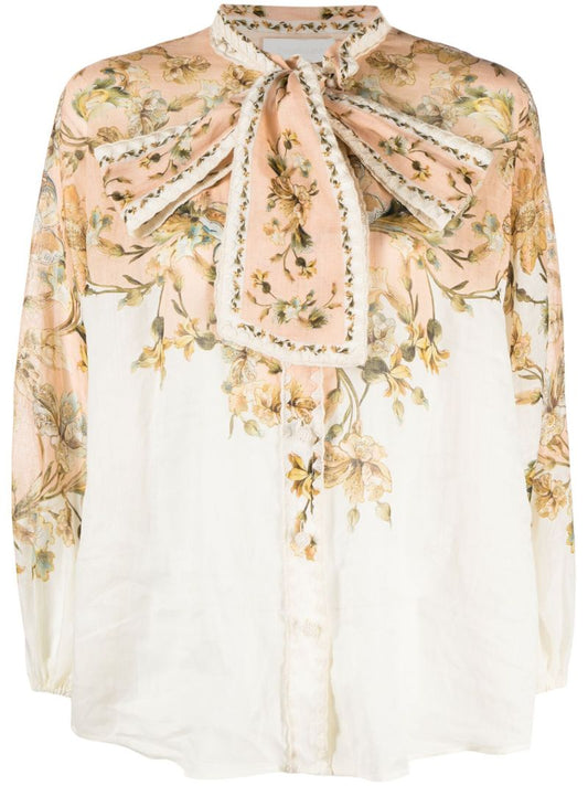 Neutral Chintz Tie Neck Blouse