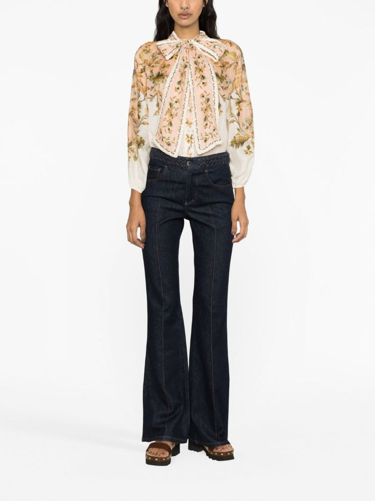 Neutral Chintz Tie Neck Blouse