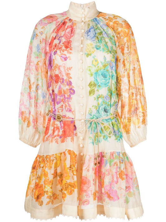 Multicolour Raie Lantern Flared Mini Dress