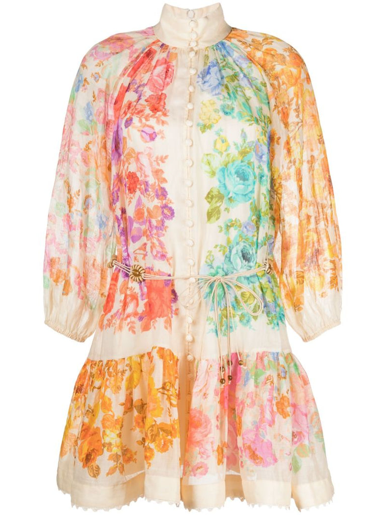 Multicolour Raie Lantern Flared Mini Dress