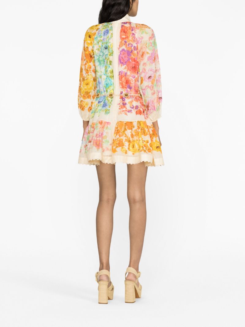 Multicolour Raie Lantern Flared Mini Dress