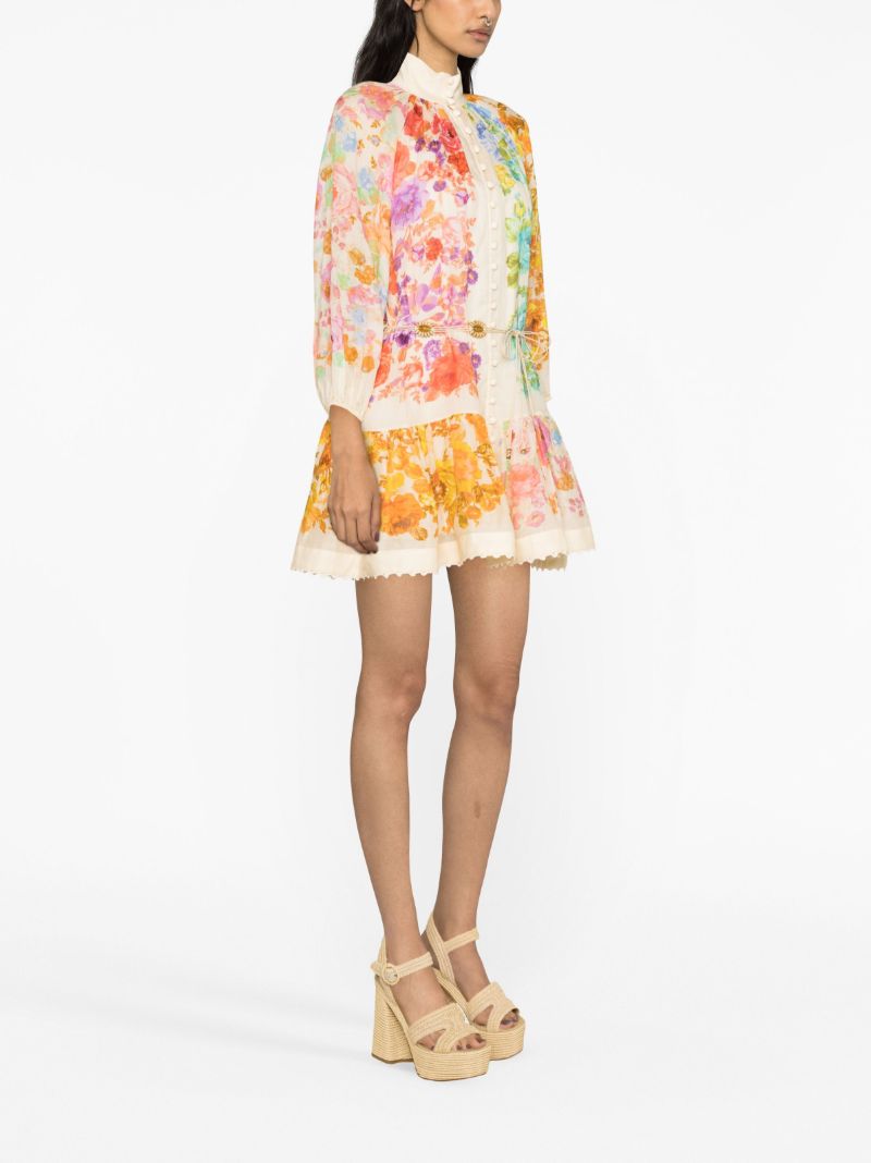 Multicolour Raie Lantern Flared Mini Dress
