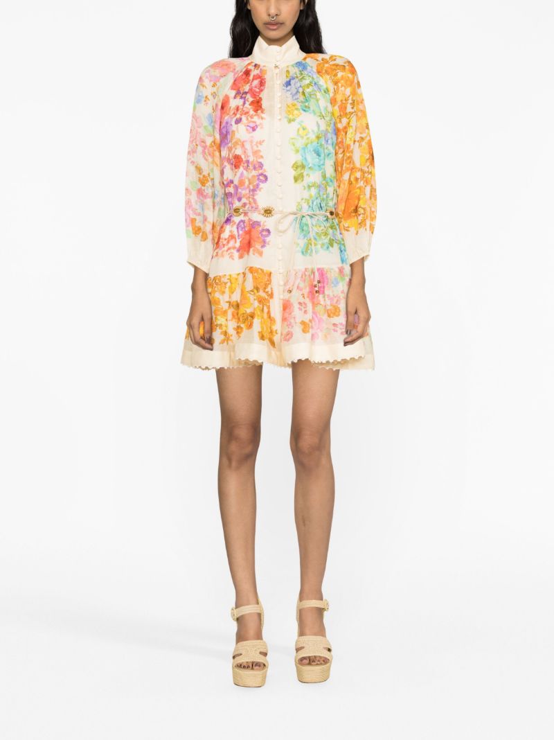Multicolour Raie Lantern Flared Mini Dress
