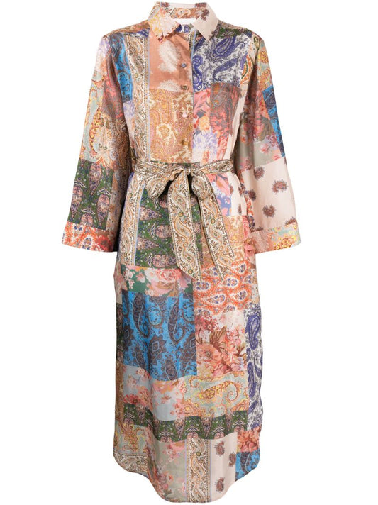 Neutral Devi Spliced Print Midi Shirt Dress